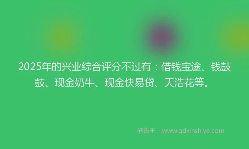 2025年的兴业综合评分不过有：借钱宝途、钱鼓鼓、现金奶牛、现金快易贷、天浩花等。