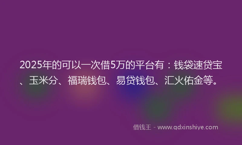 2025年的可以一次借5万的平台有：钱袋速贷宝、玉米分、福瑞钱包、易贷钱包、汇火佑金等。