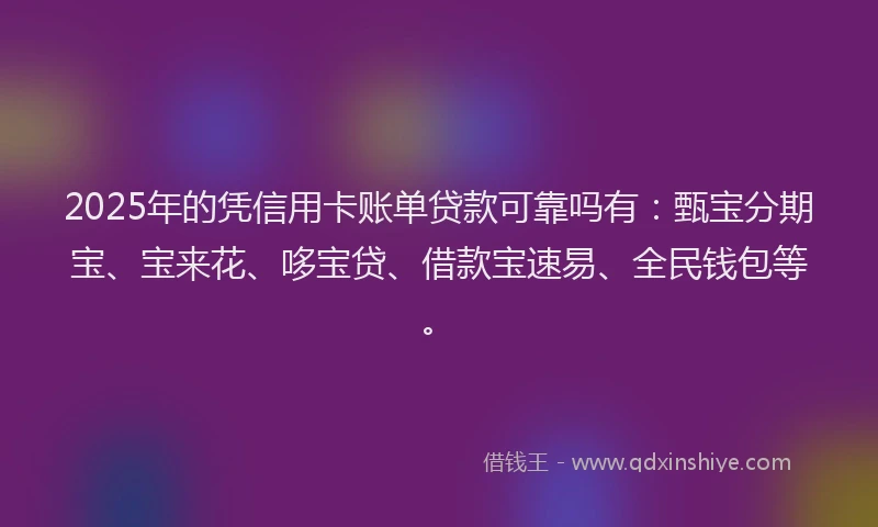2025年的凭信用卡账单贷款可靠吗有：甄宝分期宝、宝来花、哆宝贷、借款宝速易、全民钱包等。