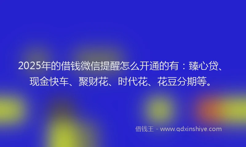 2025年的借钱微信提醒怎么开通的有：臻心贷、现金快车、聚财花、时代花、花豆分期等。