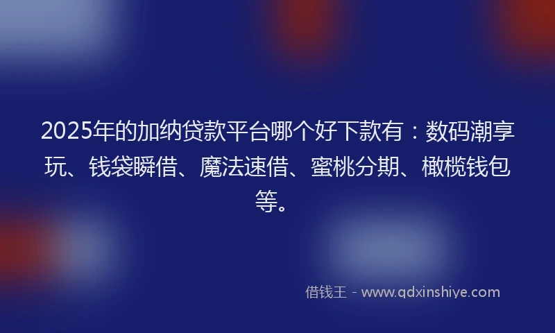 2025年的加纳贷款平台哪个好下款有：数码潮享玩、钱袋瞬借、魔法速借、蜜桃分期、橄榄钱包等。
