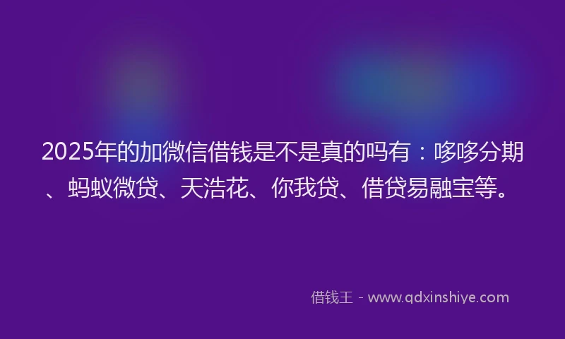 2025年的加微信借钱是不是真的吗有：哆哆分期、蚂蚁微贷、天浩花、你我贷、借贷易融宝等。
