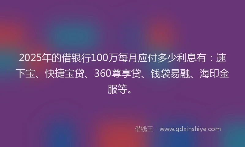 2025年的借银行100万每月应付多少利息有：速下宝、快捷宝贷、360尊享贷、钱袋易融、海印金服等。