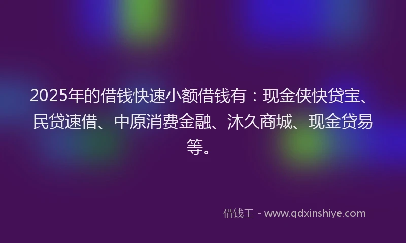 2025年的借钱快速小额借钱有：现金侠快贷宝、民贷速借、中原消费金融、沐久商城、现金贷易等。