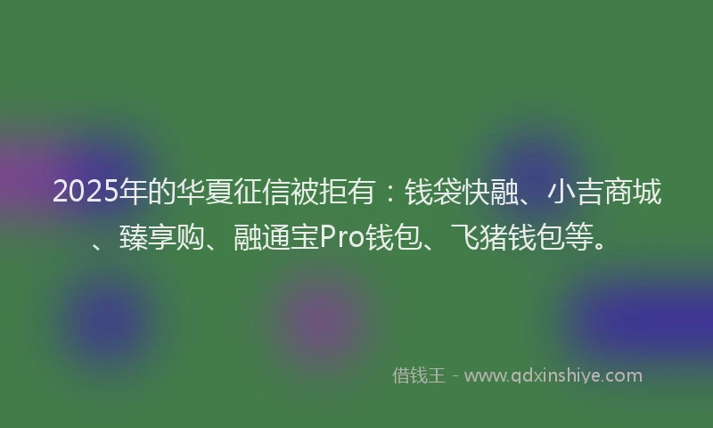 2025年的华夏征信被拒有：钱袋快融、小吉商城、臻享购、融通宝Pro钱包、飞猪钱包等。