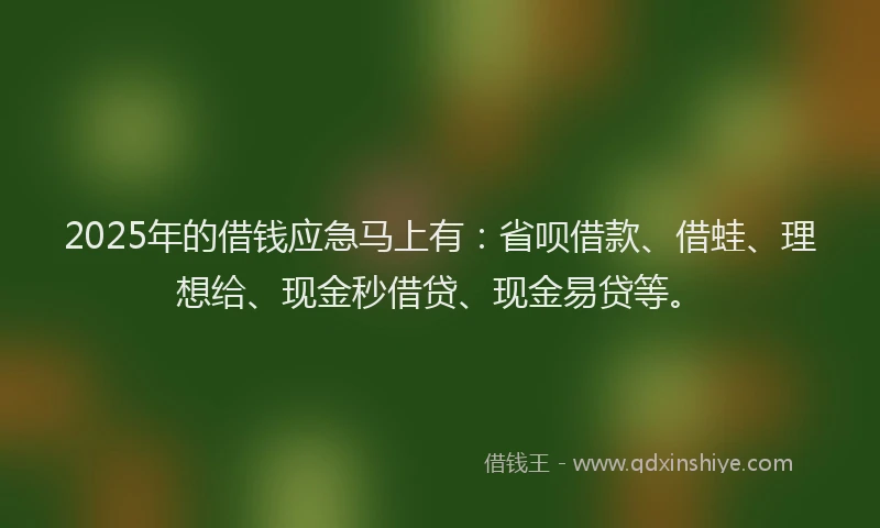 2025年的借钱应急马上有：省呗借款、借蛙、理想给、现金秒借贷、现金易贷等。
