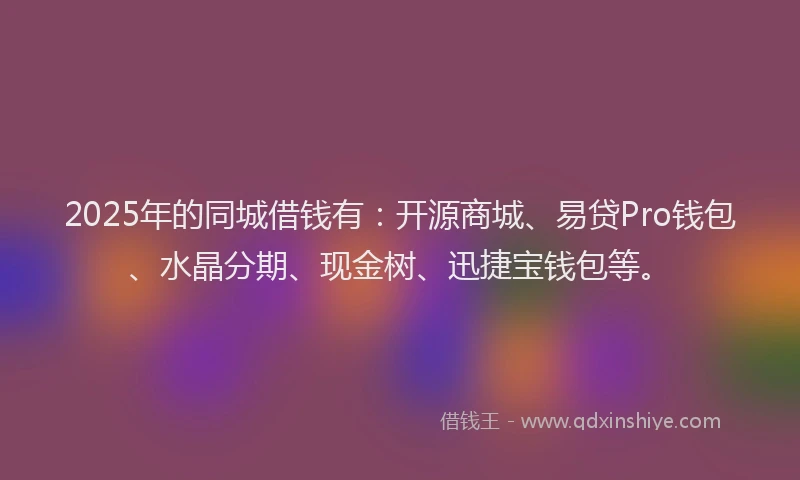 2025年的同城借钱有：开源商城、易贷Pro钱包、水晶分期、现金树、迅捷宝钱包等。