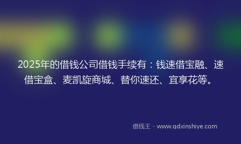 2025年的借钱公司借钱手续有：钱速借宝融、速借宝盒、麦凯旋商城、替你速还、宜享花等。