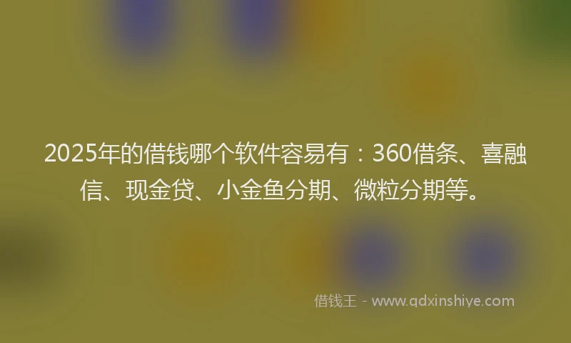 2025年的借钱哪个软件容易有：360借条、喜融信、现金贷、小金鱼分期、微粒分期等。