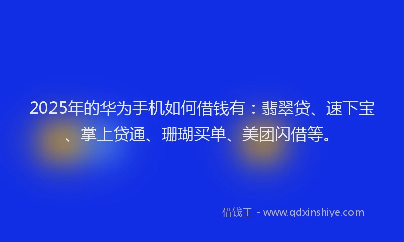 2025年的华为手机如何借钱有：翡翠贷、速下宝、掌上贷通、珊瑚买单、美团闪借等。
