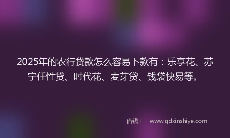 2025年的农行贷款怎么容易下款有：乐享花、苏宁任性贷、时代花、麦芽贷、钱袋快易等。