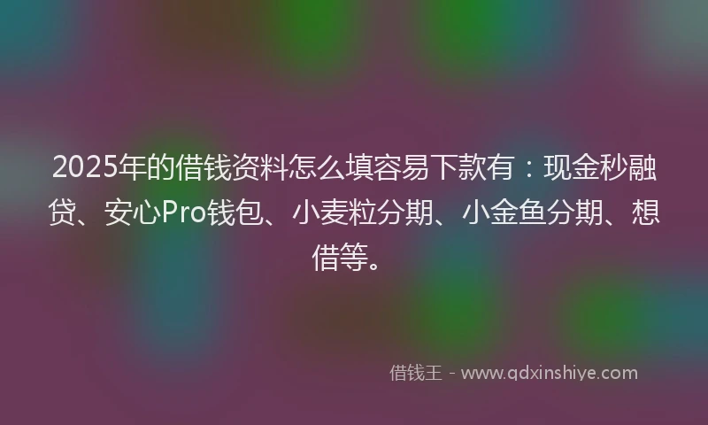 2025年的借钱资料怎么填容易下款有：现金秒融贷、安心Pro钱包、小麦粒分期、小金鱼分期、想借等。