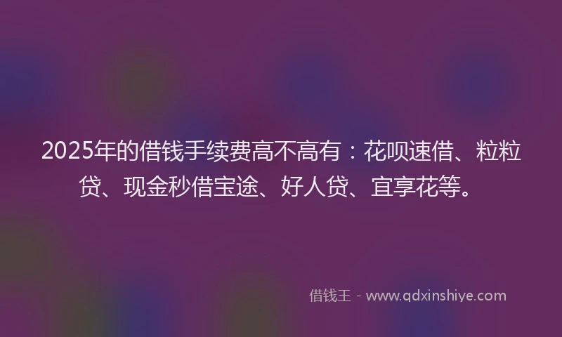 2025年的借钱手续费高不高有：花呗速借、粒粒贷、现金秒借宝途、好人贷、宜享花等。