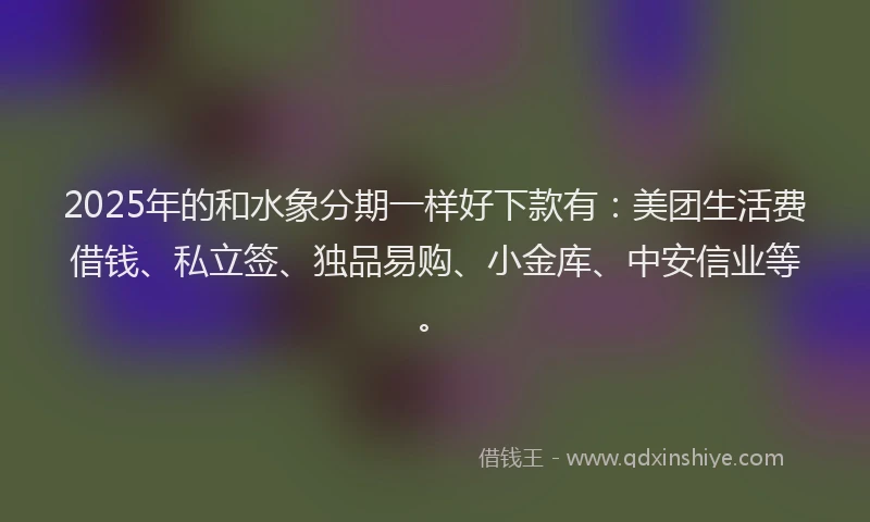 2025年的和水象分期一样好下款有：美团生活费借钱、私立签、独品易购、小金库、中安信业等。