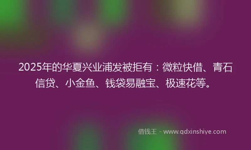 2025年的华夏兴业浦发被拒有：微粒快借、青石信贷、小金鱼、钱袋易融宝、极速花等。
