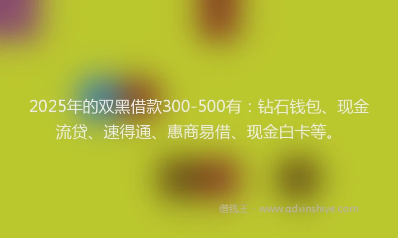 2025年的双黑借款300-500有：钻石钱包、现金流贷、速得通、惠商易借、现金白卡等。
