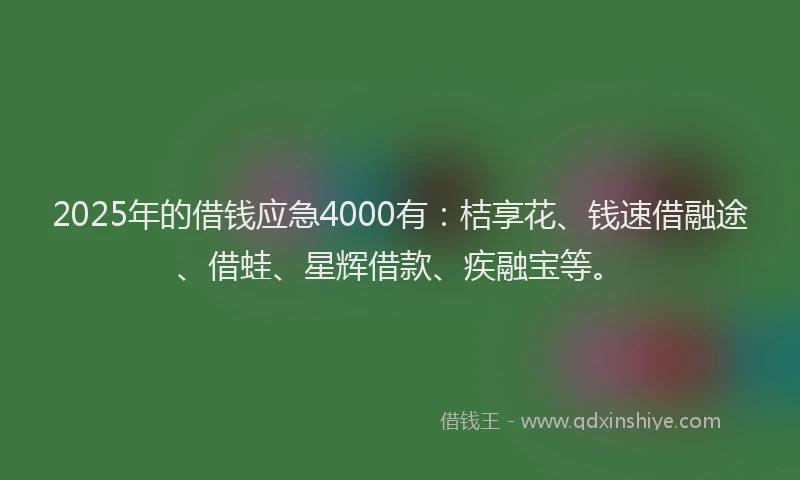 2025年的借钱应急4000有：桔享花、钱速借融途、借蛙、星辉借款、疾融宝等。