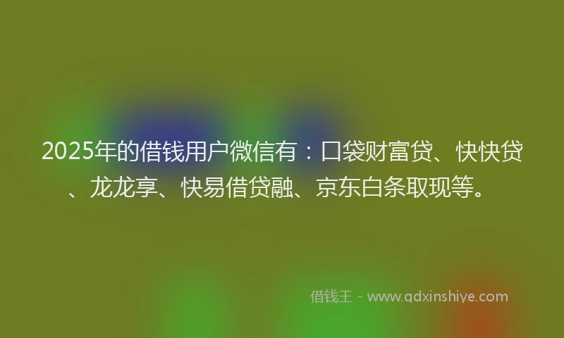 2025年的借钱用户微信有：口袋财富贷、快快贷、龙龙享、快易借贷融、京东白条取现等。