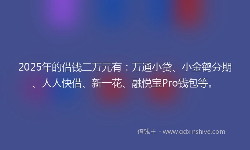 2025年的借钱二万元有：万通小贷、小金鹤分期、人人快借、新一花、融悦宝Pro钱包等。