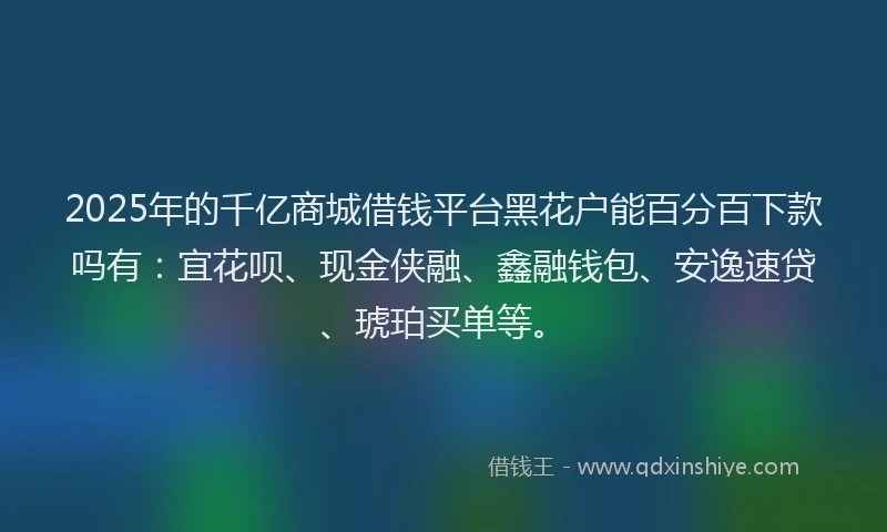 2025年的千亿商城借钱平台黑花户能百分百下款吗有：宜花呗、现金侠融、鑫融钱包、安逸速贷、琥珀买单等。