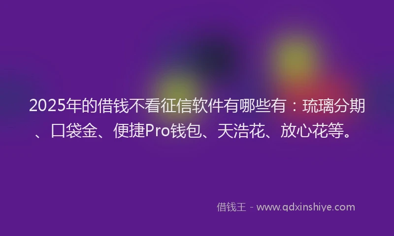 2025年的借钱不看征信软件有哪些有：琉璃分期、口袋金、便捷Pro钱包、天浩花、放心花等。
