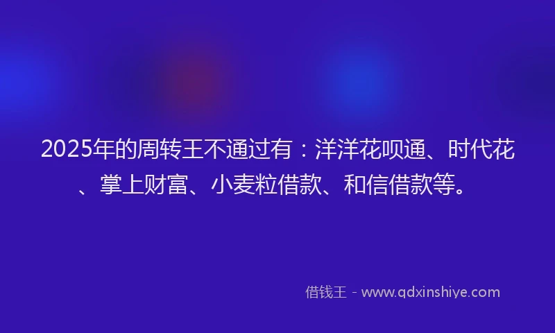 2025年的周转王不通过有：洋洋花呗通、时代花、掌上财富、小麦粒借款、和信借款等。