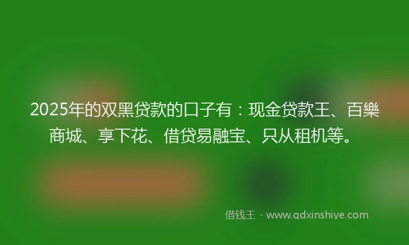 2025年的双黑贷款的口子有：现金贷款王、百樂商城、享下花、借贷易融宝、只从租机等。