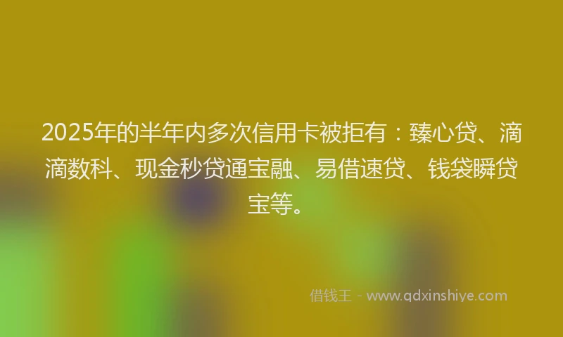 2025年的半年内多次信用卡被拒有：臻心贷、滴滴数科、现金秒贷通宝融、易借速贷、钱袋瞬贷宝等。