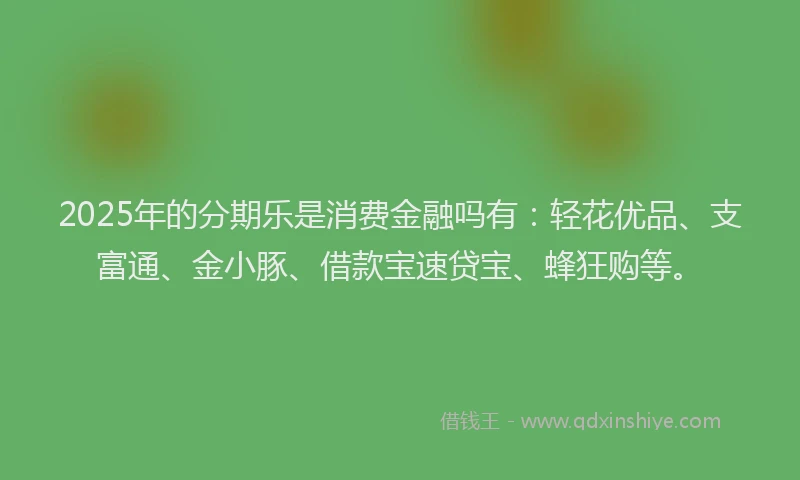 2025年的分期乐是消费金融吗有：轻花优品、支富通、金小豚、借款宝速贷宝、蜂狂购等。