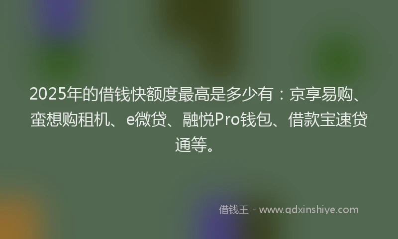 2025年的借钱快额度最高是多少有：京享易购、蛮想购租机、e微贷、融悦Pro钱包、借款宝速贷通等。