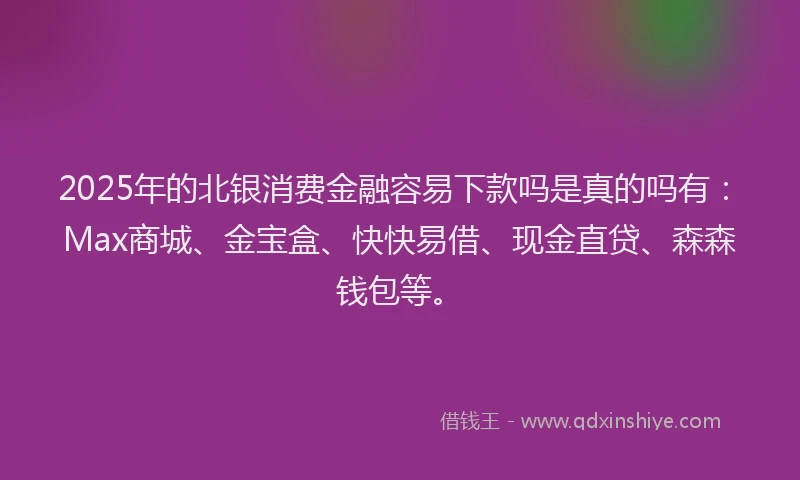 2025年的北银消费金融容易下款吗是真的吗有：Max商城、金宝盒、快快易借、现金直贷、森森钱包等。