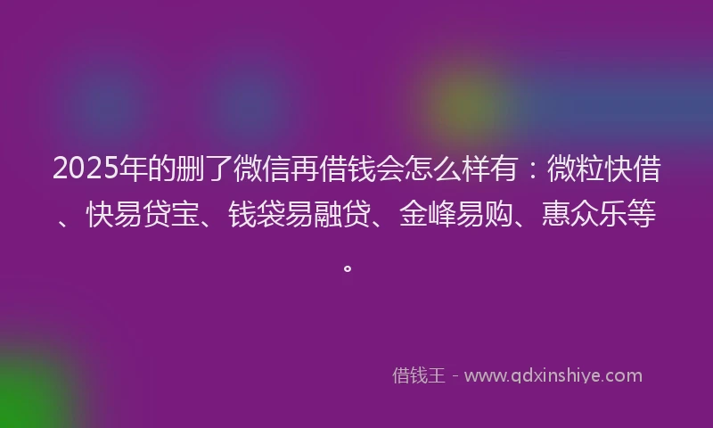 2025年的删了微信再借钱会怎么样有:微粒快借、快易贷宝、钱袋易融贷、金峰易购、惠众乐等。