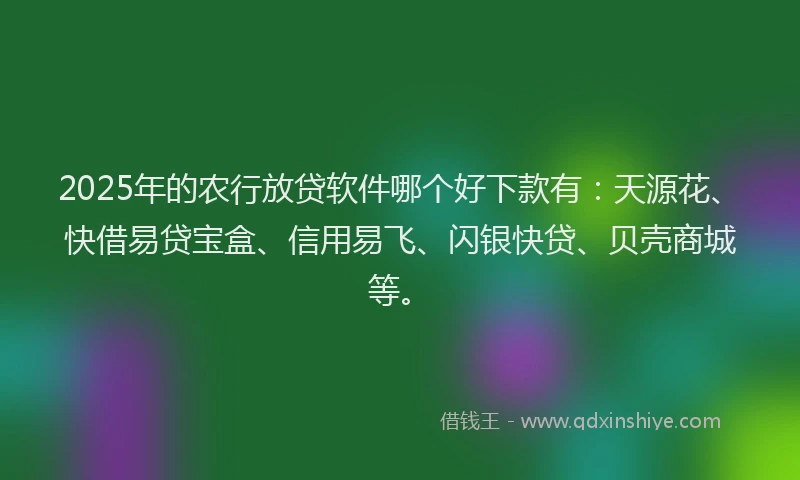 2025年的农行放贷软件哪个好下款有：天源花、快借易贷宝盒、信用易飞、闪银快贷、贝壳商城等。