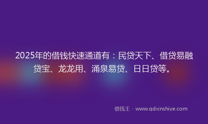 2025年的借钱快速通道有：民贷天下、借贷易融贷宝、龙龙用、涌泉易贷、日日贷等。