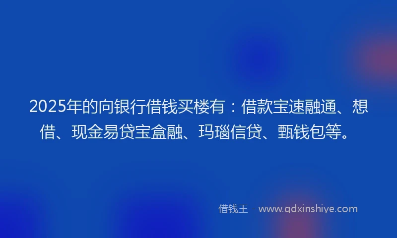 2025年的向银行借钱买楼有：借款宝速融通、想借、现金易贷宝盒融、玛瑙信贷、甄钱包等。