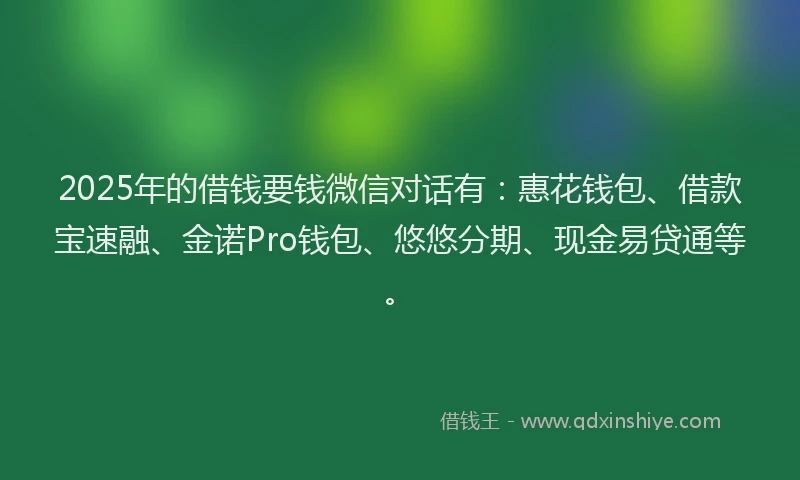 2025年的借钱要钱微信对话有：惠花钱包、借款宝速融、金诺Pro钱包、悠悠分期、现金易贷通等。