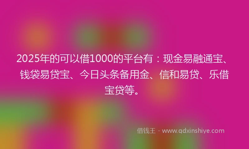 2025年的可以借1000的平台有：现金易融通宝、钱袋易贷宝、今日头条备用金、信和易贷、乐借宝贷等。