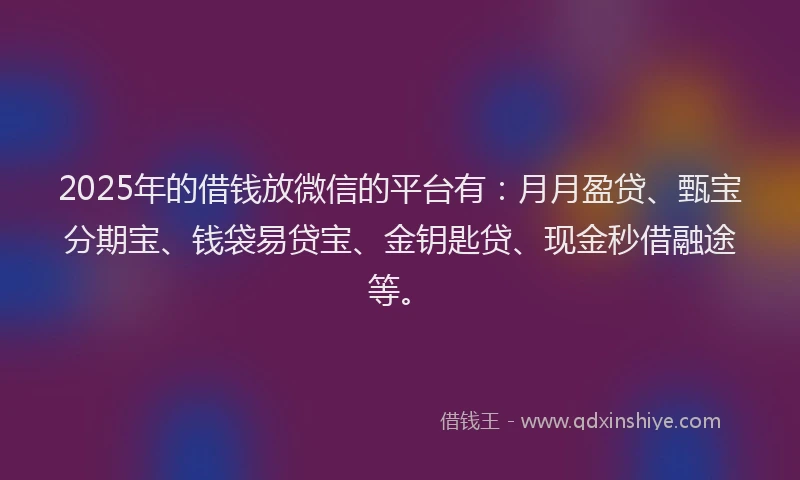 2025年的借钱放微信的平台有：月月盈贷、甄宝分期宝、钱袋易贷宝、金钥匙贷、现金秒借融途等。