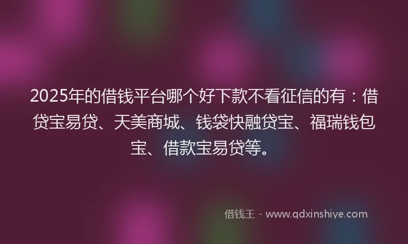 2025年的借钱平台哪个好下款不看征信的有：借贷宝易贷、天美商城、钱袋快融贷宝、福瑞钱包宝、借款宝易贷等。