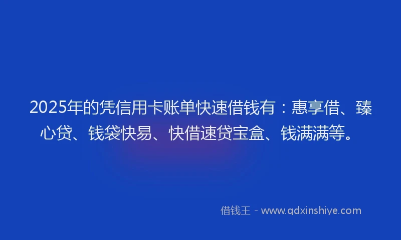 2025年的凭信用卡账单快速借钱有：惠享借、臻心贷、钱袋快易、快借速贷宝盒、钱满满等。