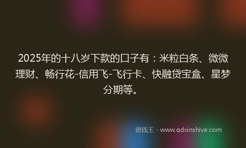 2025年的十八岁下款的口子有：米粒白条、微微理财、畅行花-信用飞-飞行卡、快融贷宝盒、星梦分期等。