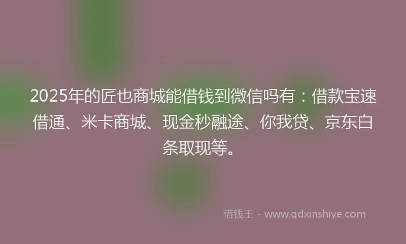 2025年的匠也商城能借钱到微信吗有：借款宝速借通、米卡商城、现金秒融途、你我贷、京东白条取现等。