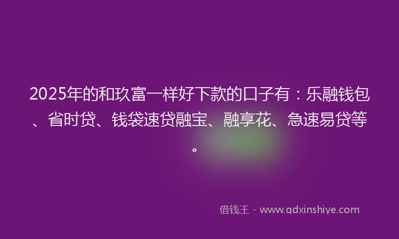 2025年的和玖富一样好下款的口子有：乐融钱包、省时贷、钱袋速贷融宝、融享花、急速易贷等。