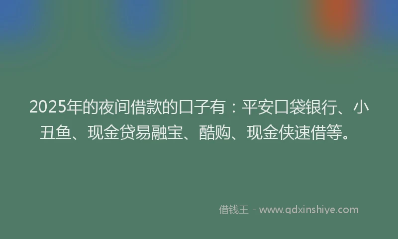2025年的夜间借款的口子有：平安口袋银行、小丑鱼、现金贷易融宝、酷购、现金侠速借等。