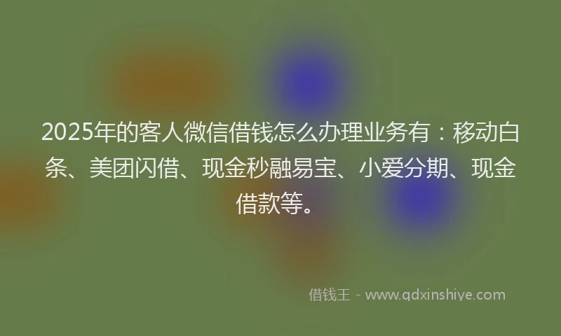 2025年的客人微信借钱怎么办理业务有：移动白条、美团闪借、现金秒融易宝、小爱分期、现金借款等。