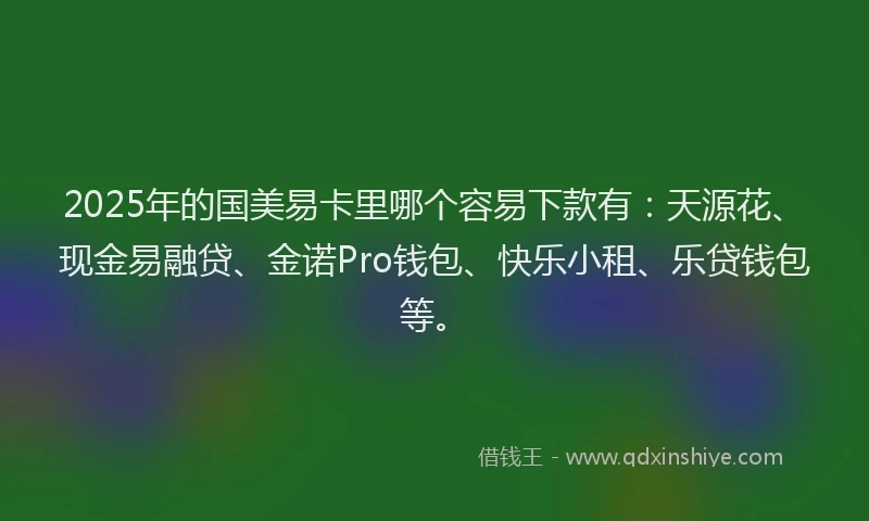 2025年的国美易卡里哪个容易下款有：天源花、现金易融贷、金诺Pro钱包、快乐小租、乐贷钱包等。