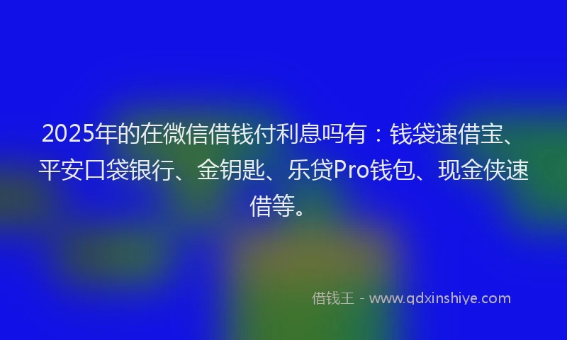 2025年的在微信借钱付利息吗有：钱袋速借宝、平安口袋银行、金钥匙、乐贷Pro钱包、现金侠速借等。