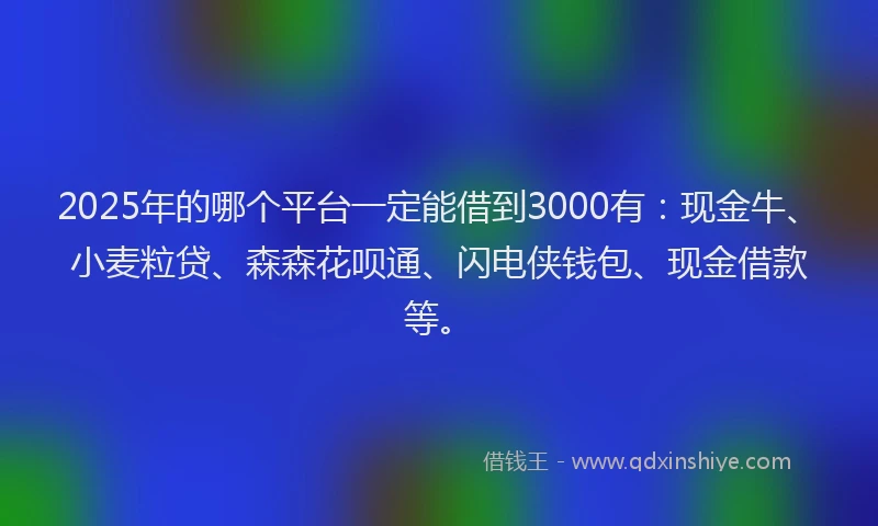 2025年的哪个平台一定能借到3000有：现金牛、小麦粒贷、森森花呗通、闪电侠钱包、现金借款等。