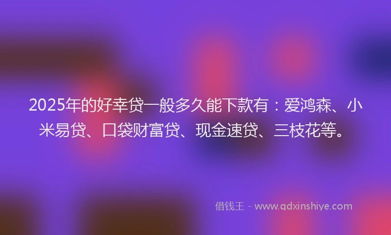 2025年的好幸贷一般多久能下款有：爱鸿森、小米易贷、口袋财富贷、现金速贷、三枝花等。