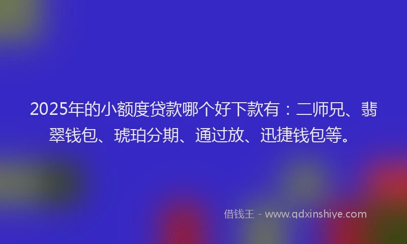 2025年的小额度贷款哪个好下款有：二师兄、翡翠钱包、琥珀分期、通过放、迅捷钱包等。